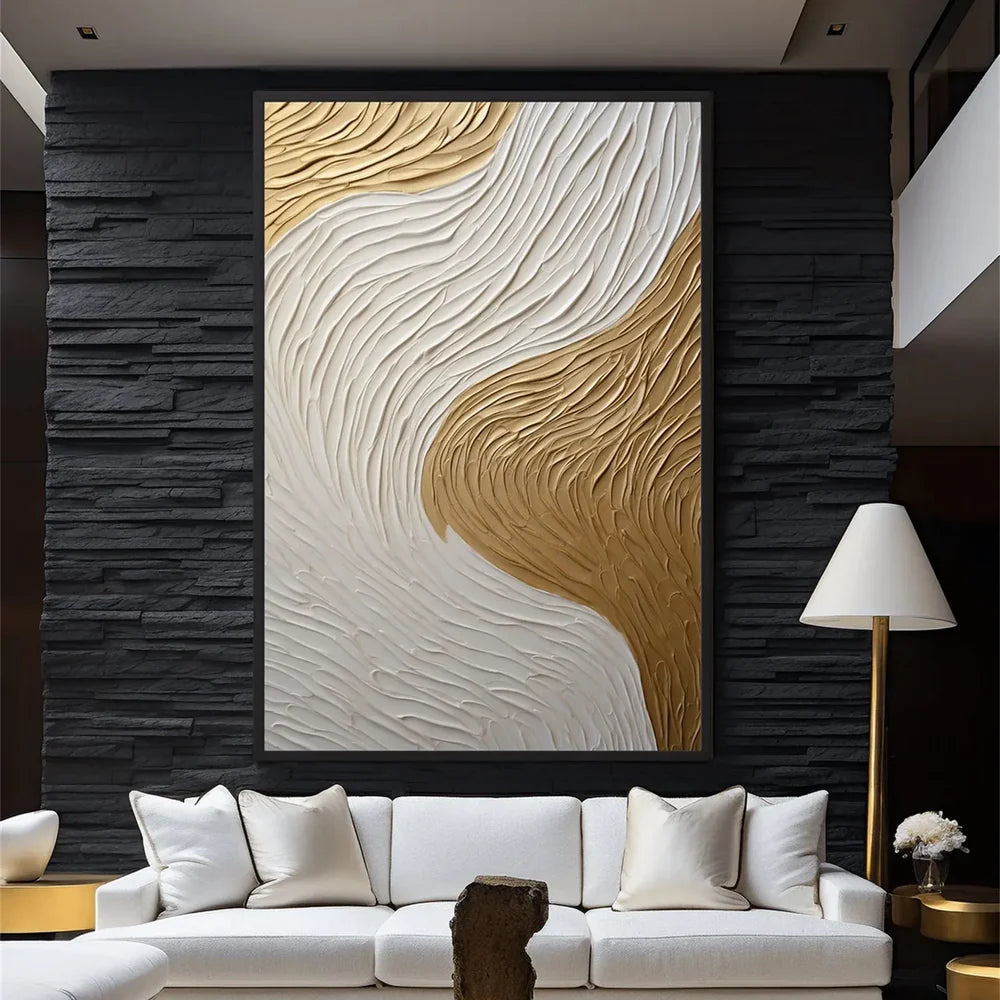 White and Gold Minimalist Textured Wall Art #WM053