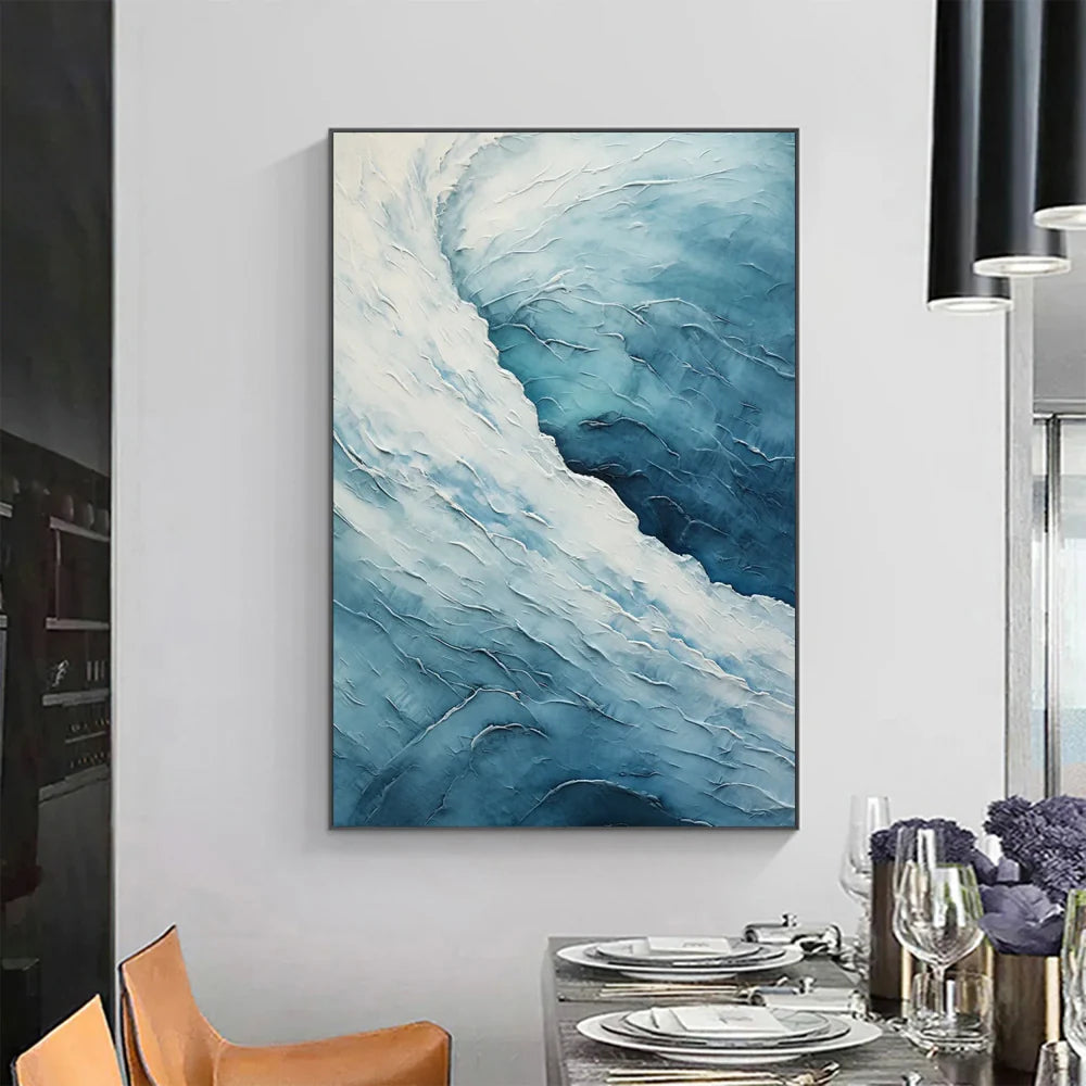 White & Blue Minimalist Ocean And Sky Textured Canvas Art #OC054