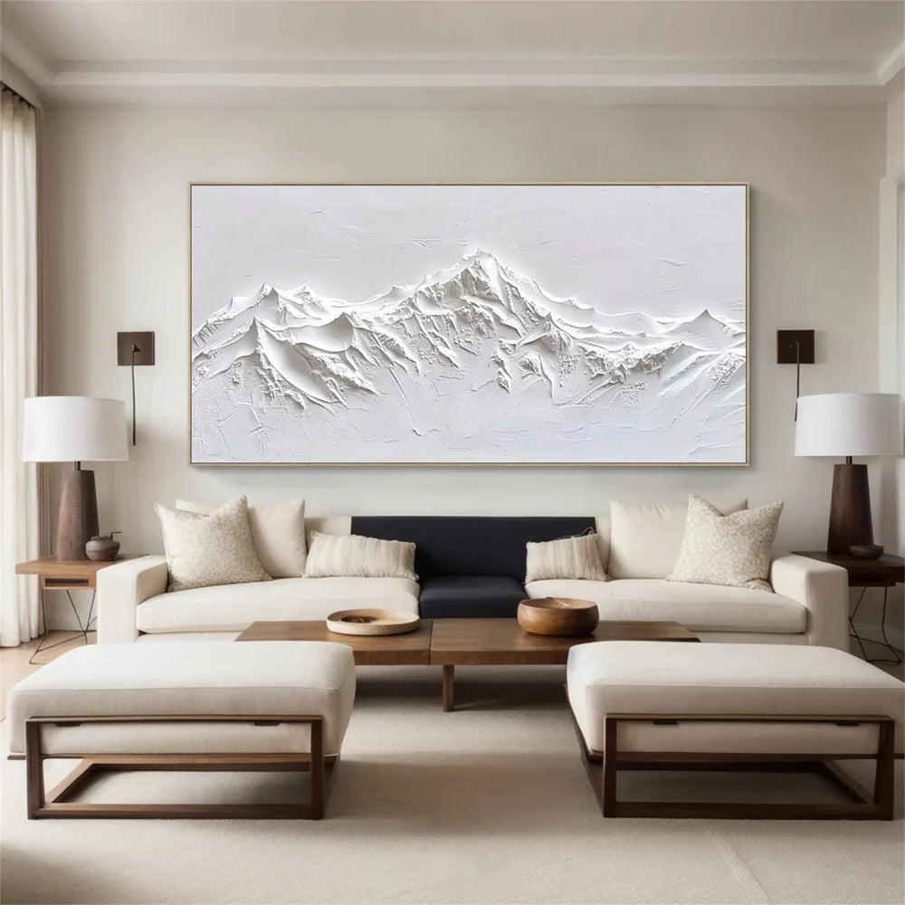 White Minimalist Mountain Textured Canvas Art #BT011