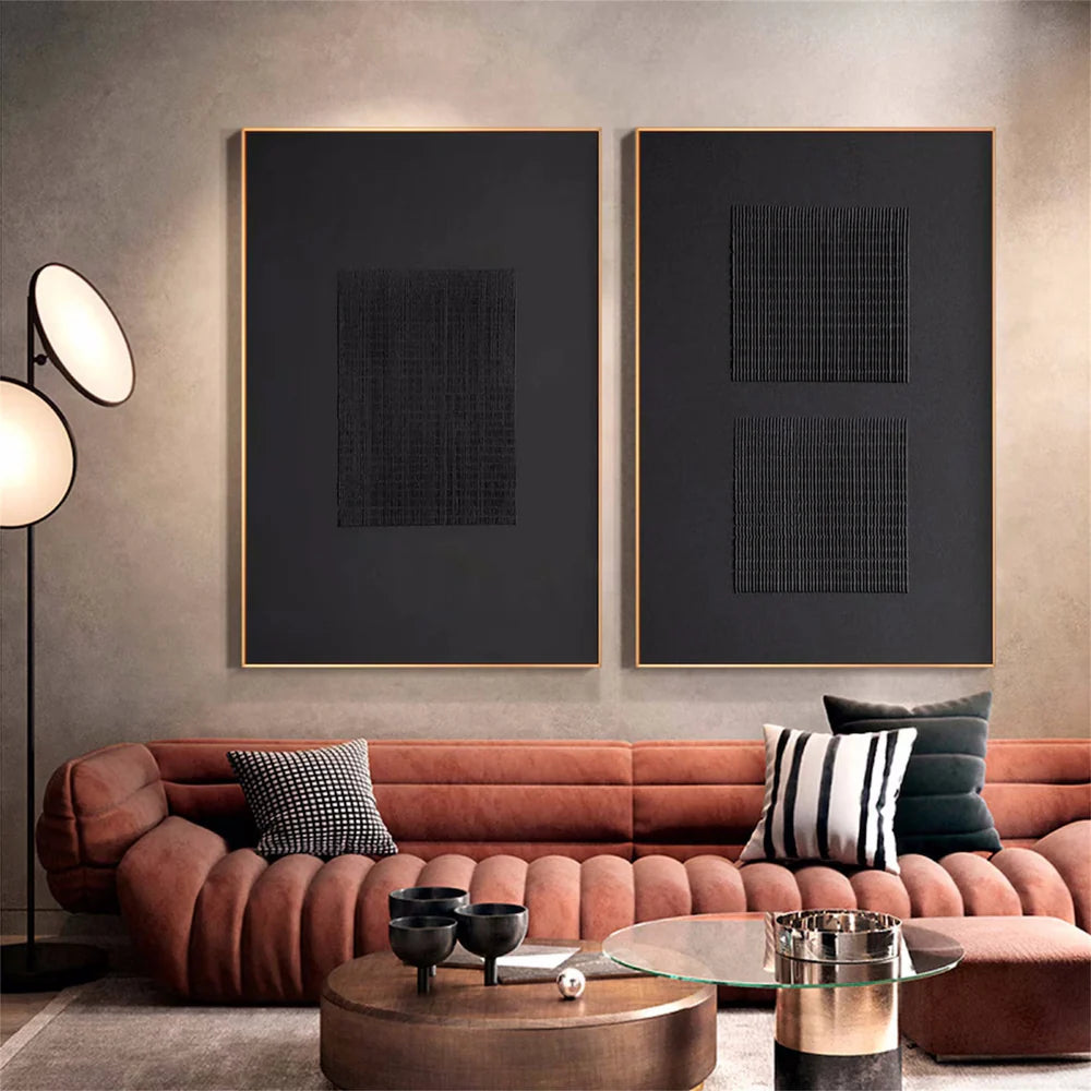 Black Minimalist Textured Canvas Art Set of 2 #WZ096