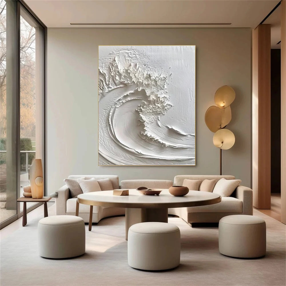 White Minimalist Ocean And Sky Textured Canvas Art #OC028