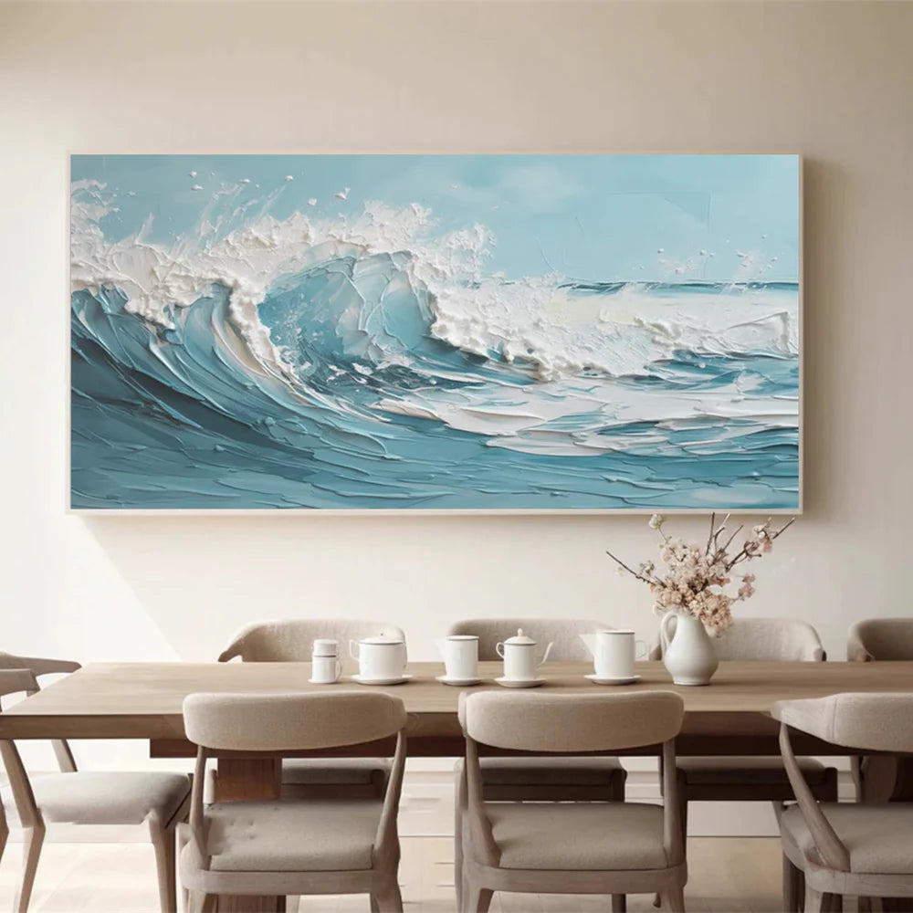 Blue & White Abstract Ocean And Sky Textured Canvas Art #OC071