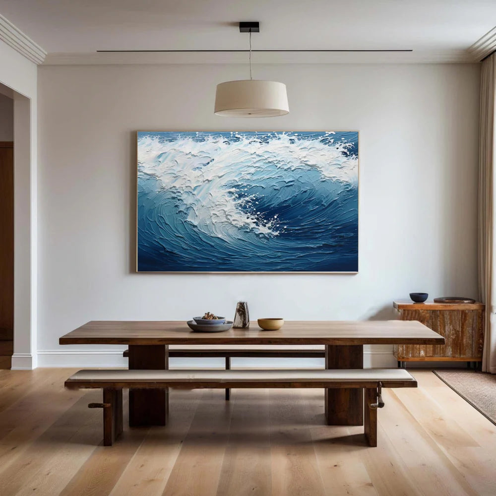 White & Blue Minimalist Ocean And Sky Textured Canvas Art #OC051
