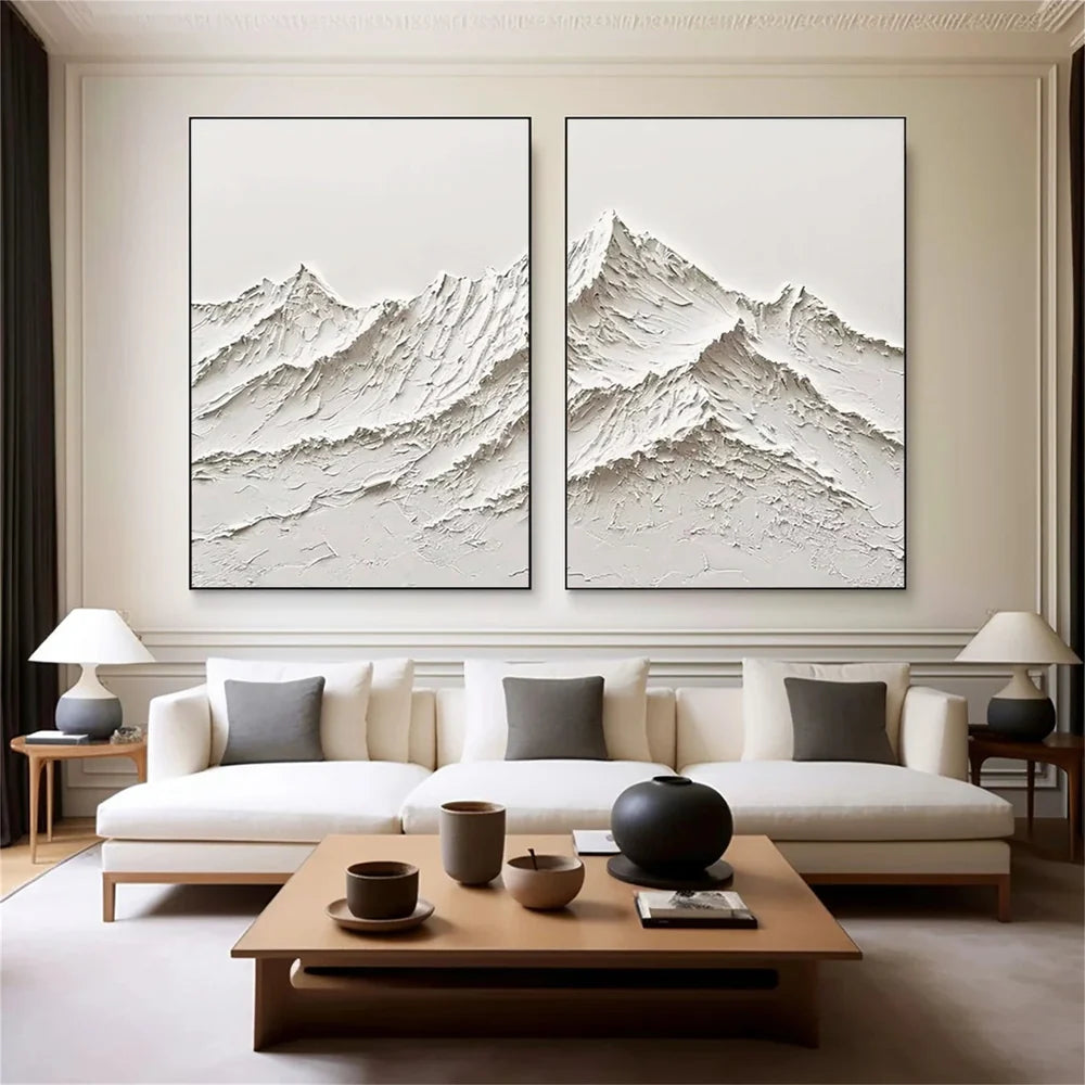 White Minimalist Mountain Textured Canvas Art Set of 2 #BT007