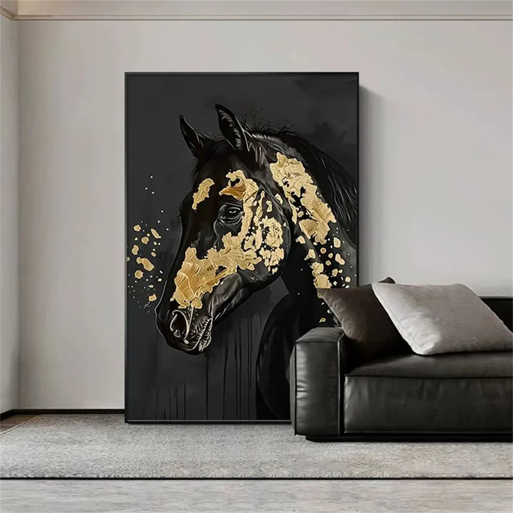 Black & Gold Abstract Animal Horse Canvas Art #DW059