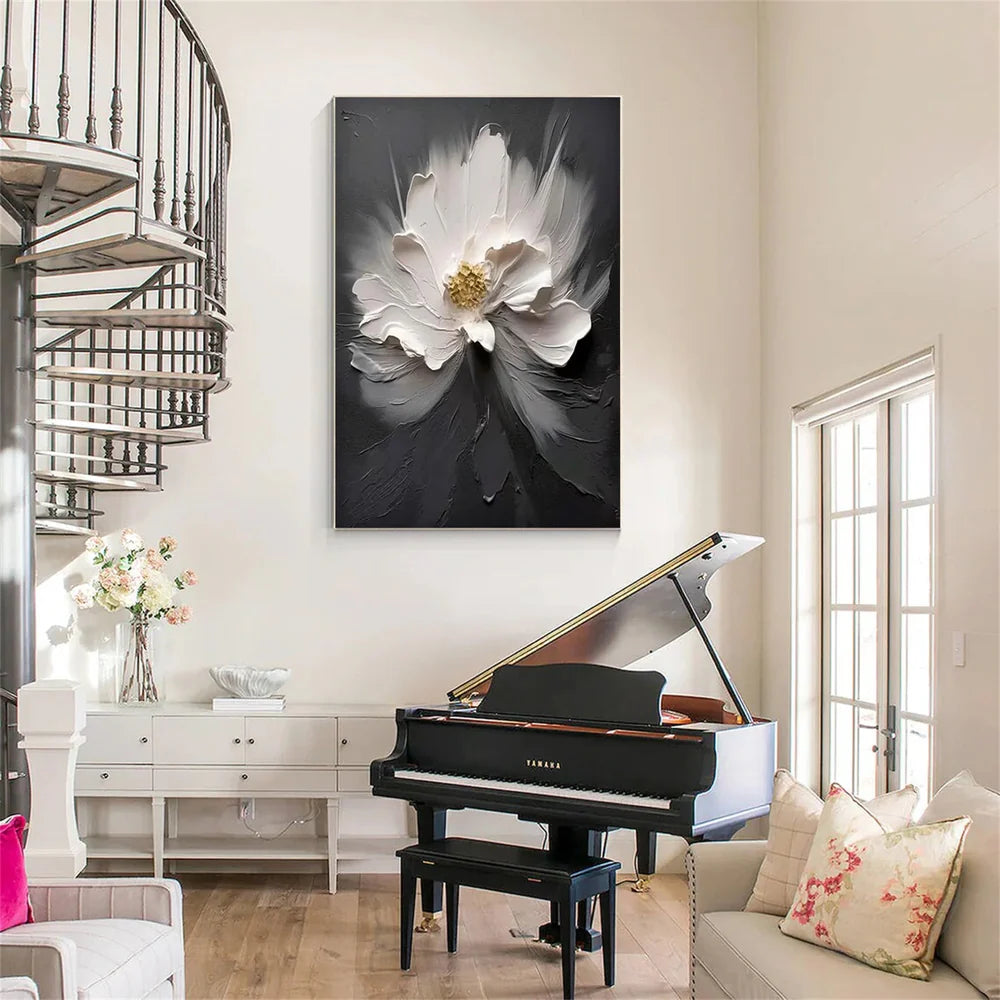 Black & White Minimalist Flower And Tree Textured Canvas Art #MF021