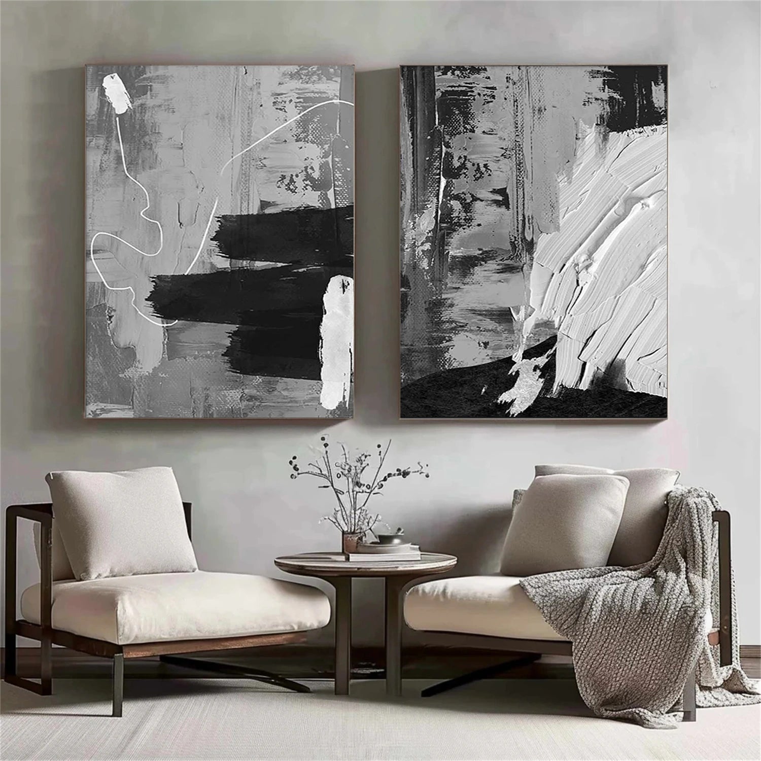 Black and White Minimalist Textured Canvas Art Set of 2 #WZ104