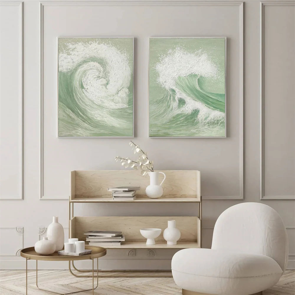 White & Green Minimalist Ocean And Sky Textured Set Of 2 Canvas Art #OC053
