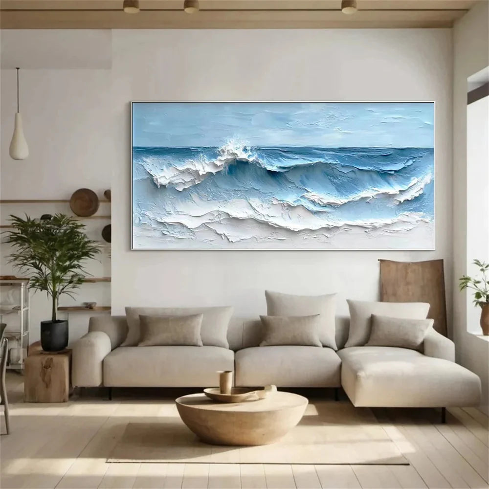 Blue & White Minimalist Ocean And Sky Textured Canvas Art # OC018