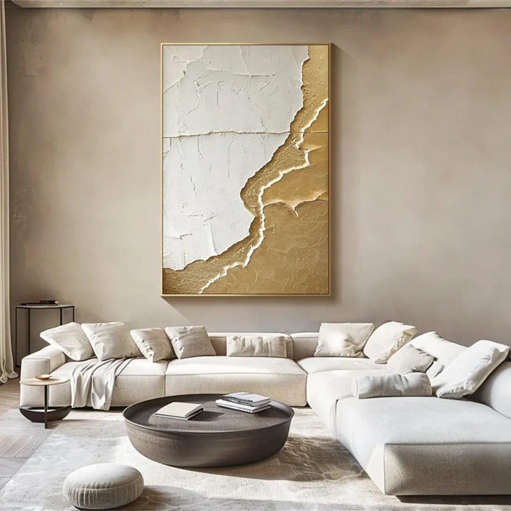 White and Gold Minimalist Textured Wall Art #WM052