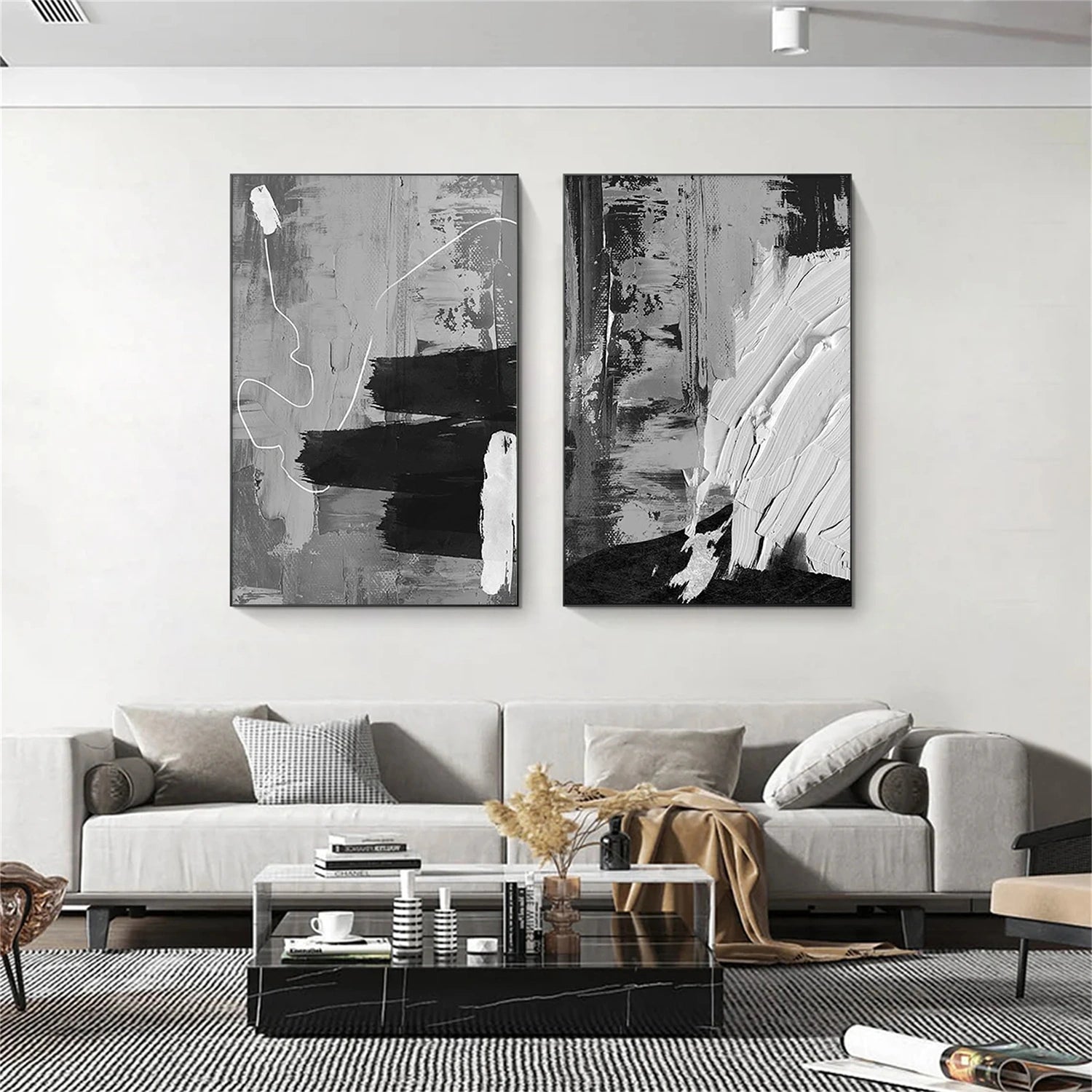 Black and White Minimalist Textured Canvas Art Set of 2 #WZ104