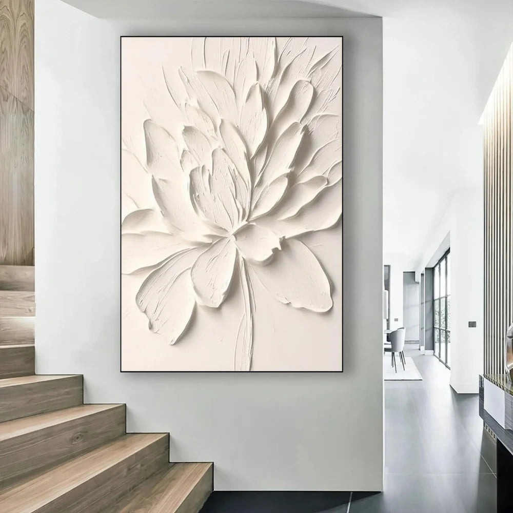 White Minimalist Flower And Tree Textured Canvas Art #MF022