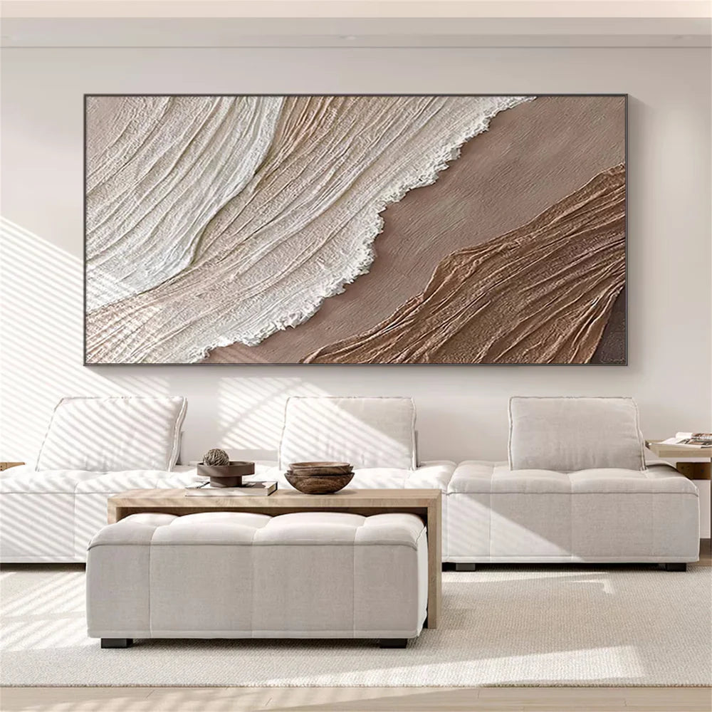 Beige & Brown Minimalist Ocean And Sky Textured Canvas Art #OC026