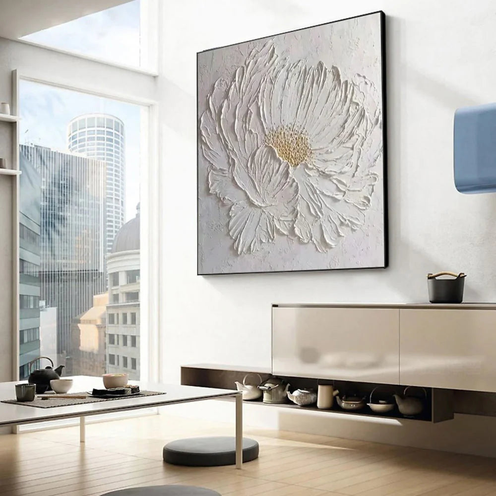 White Minimalist Flower And Tree Textured Canvas Art #MF074