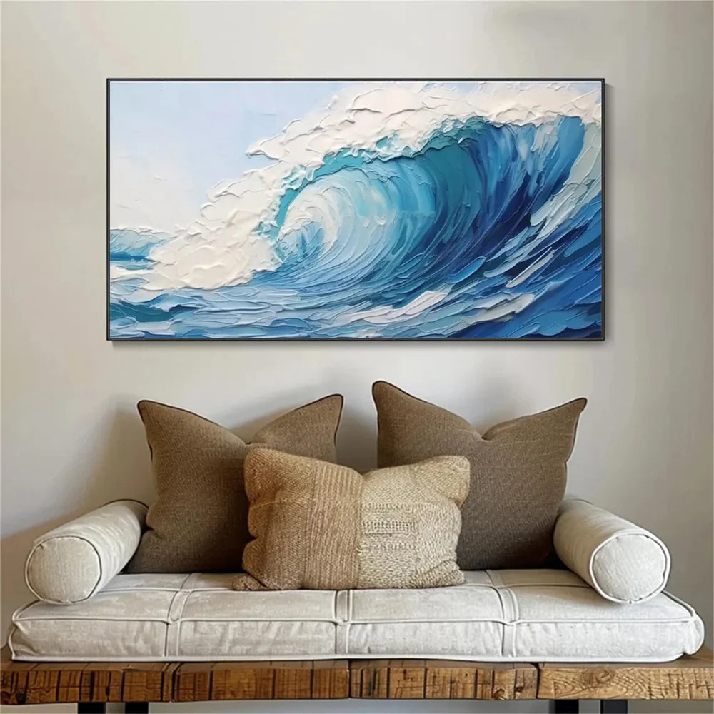 Blue & White Minimalist Ocean And Sky Textured Canvas Art # OC019