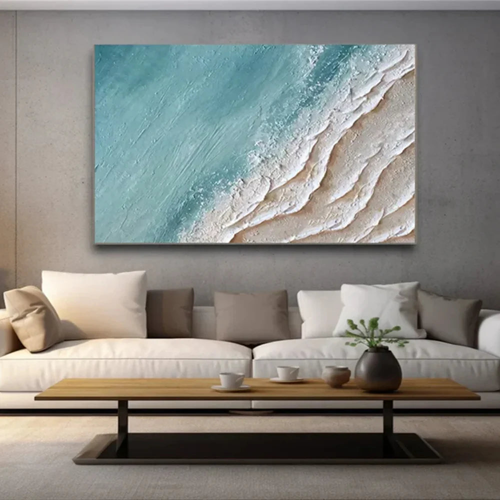 Blue & Beige Minimalist Ocean And Sky Textured Canvas Art # OC020