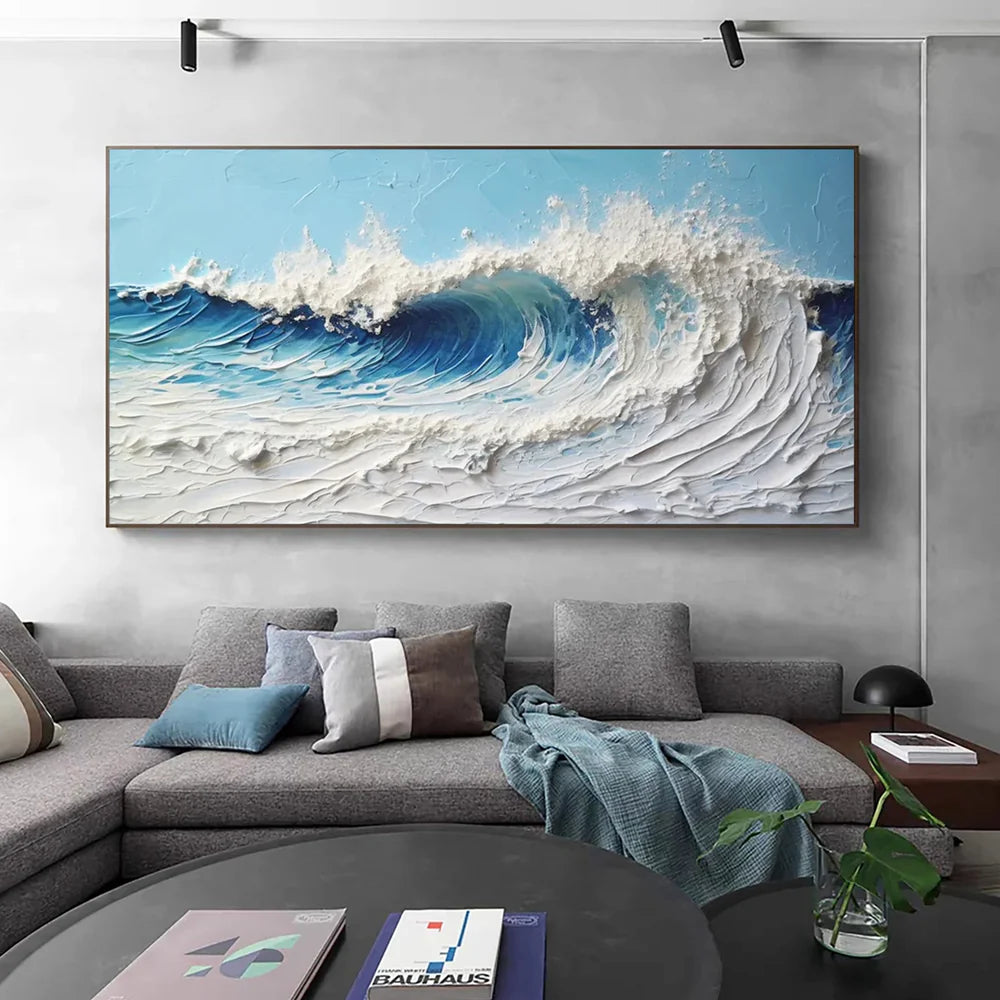 Blue & White Abstract Ocean And Sky Textured Canvas Art #OC061