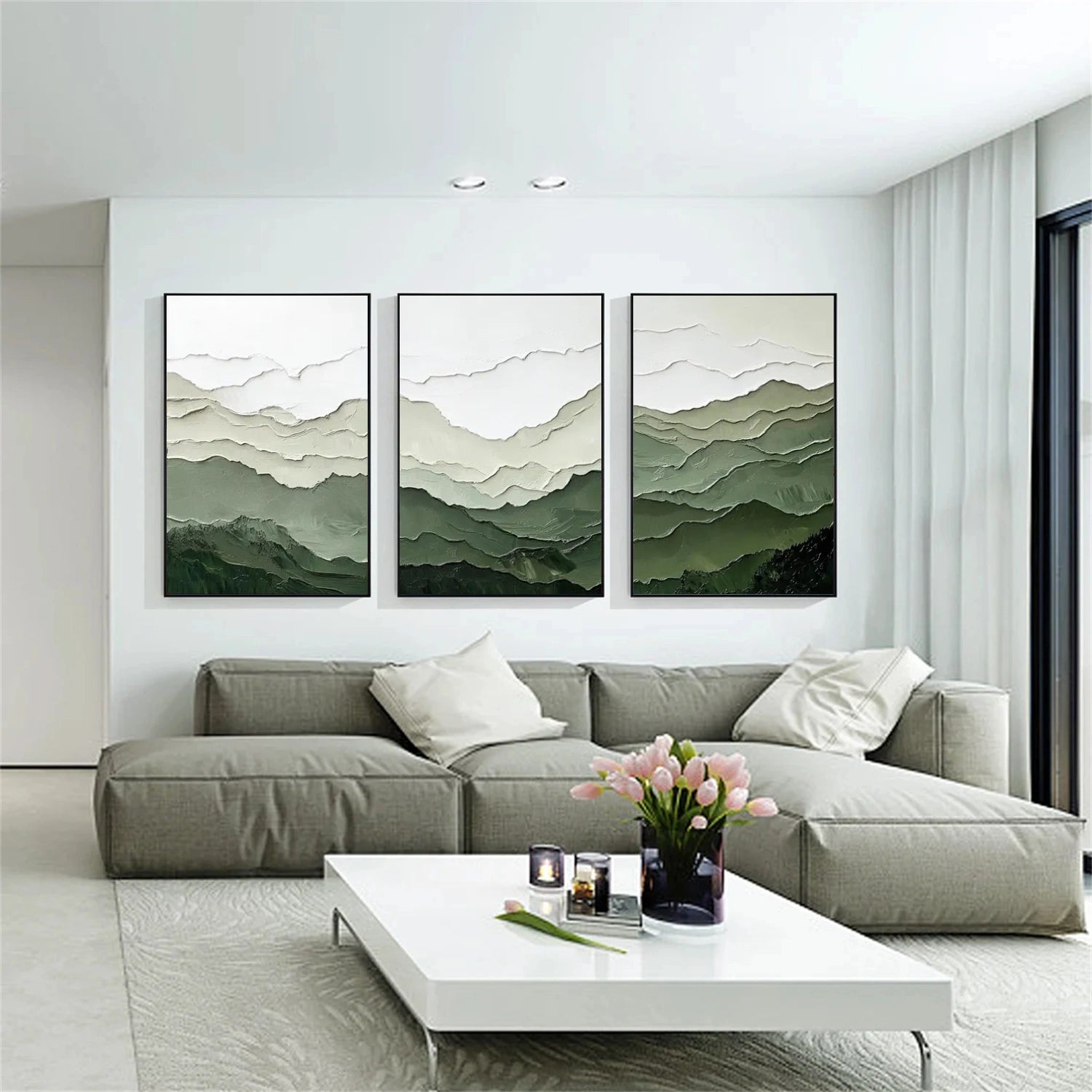 Green Minimalist Mountain Textured Canvas Art Set of 3 #BT074