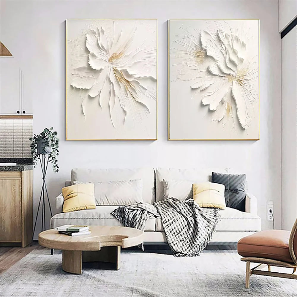 White Minimalist Flower And Tree Textured Canvas Art Set of 2 #MF067