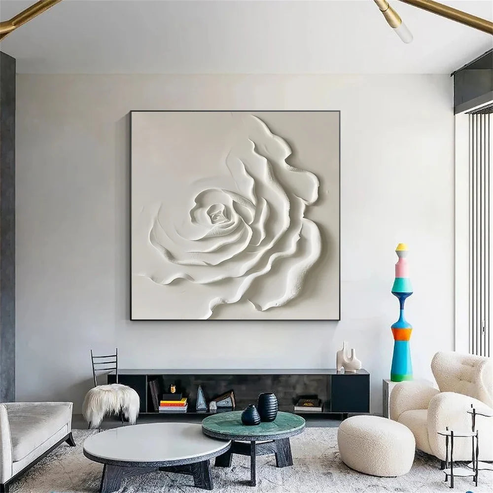 White Minimalist Flower And Tree Textured Canvas Art #MF016