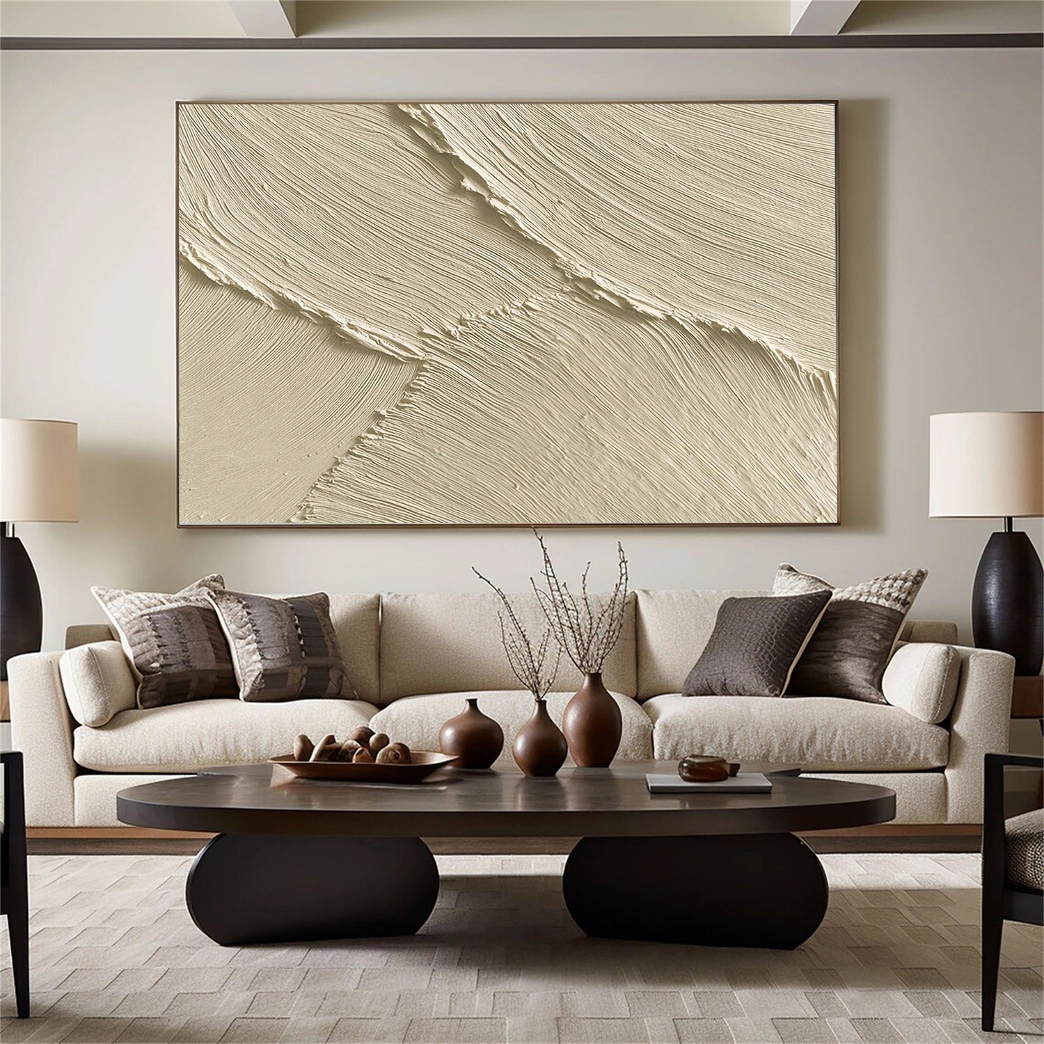 Beige Minimalist Ocean And Sky Textured Canvas Art #OC153