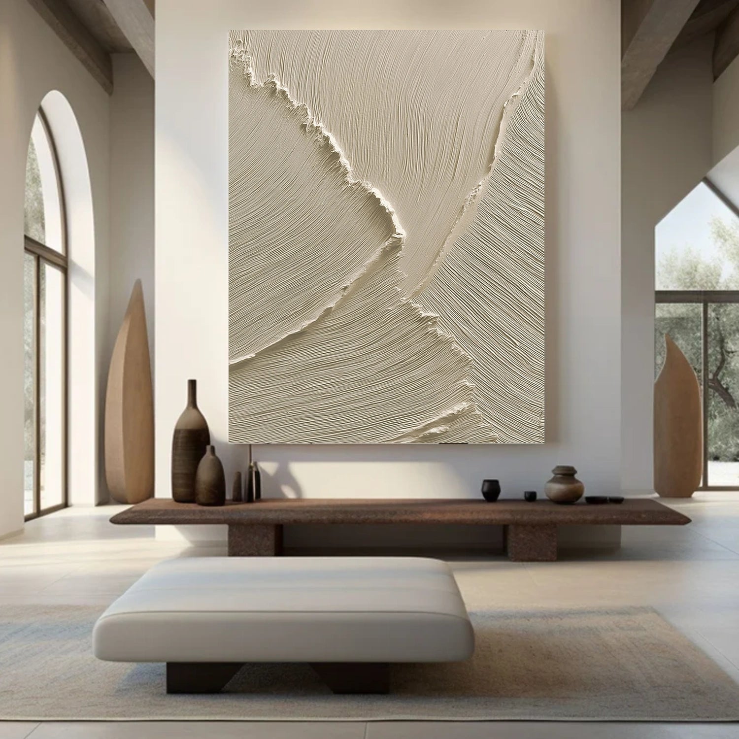 Beige Minimalist Ocean And Sky Textured Canvas Art #OC154