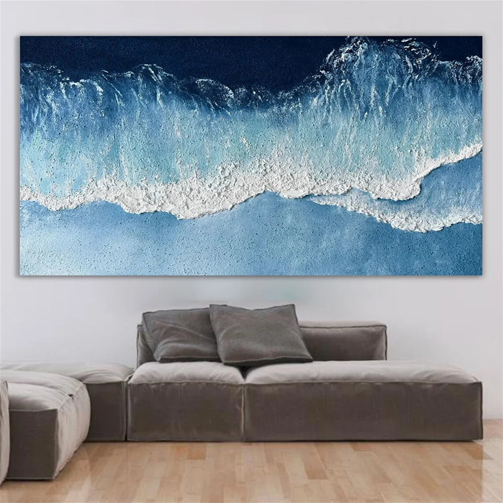 Blue & White Abstract Ocean And Sky Textured Canvas Art #OC062