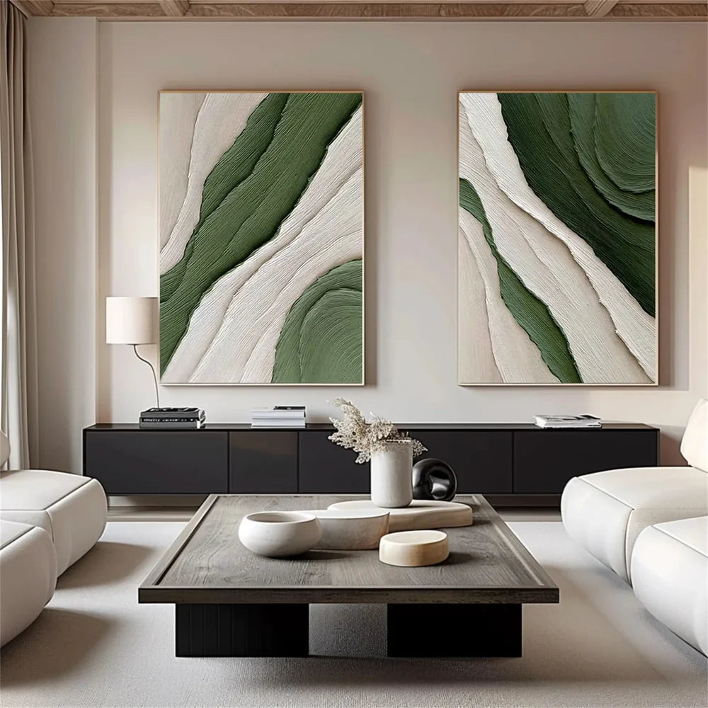Green and White Minimalist Textured Wall Art Set of 2 #WM036