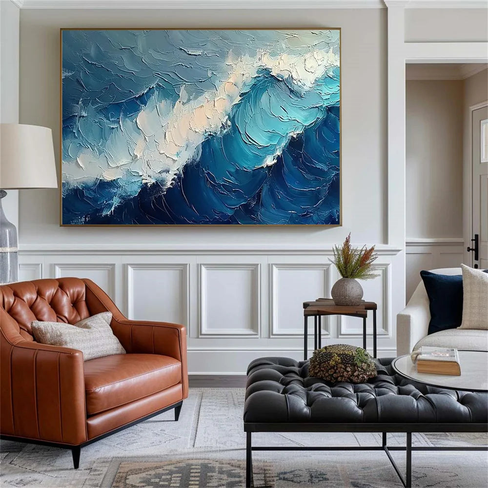 Blue & White Abstract Ocean And Sky Textured Canvas Art #OC072