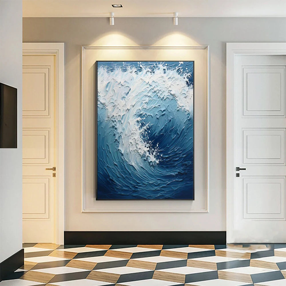 White & Blue Minimalist Ocean And Sky Textured Canvas Art #OC052