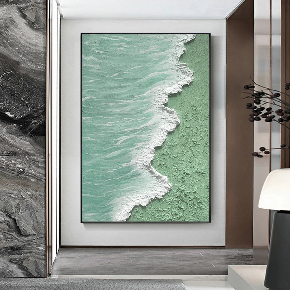 Green & White Minimalist Ocean And Sky Textured Canvas Art #OC044