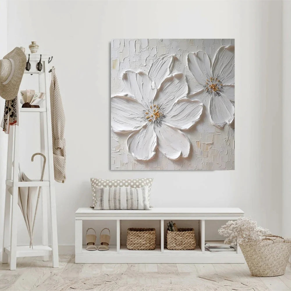 White Minimalist Flower And Tree Textured Canvas Art #MF072