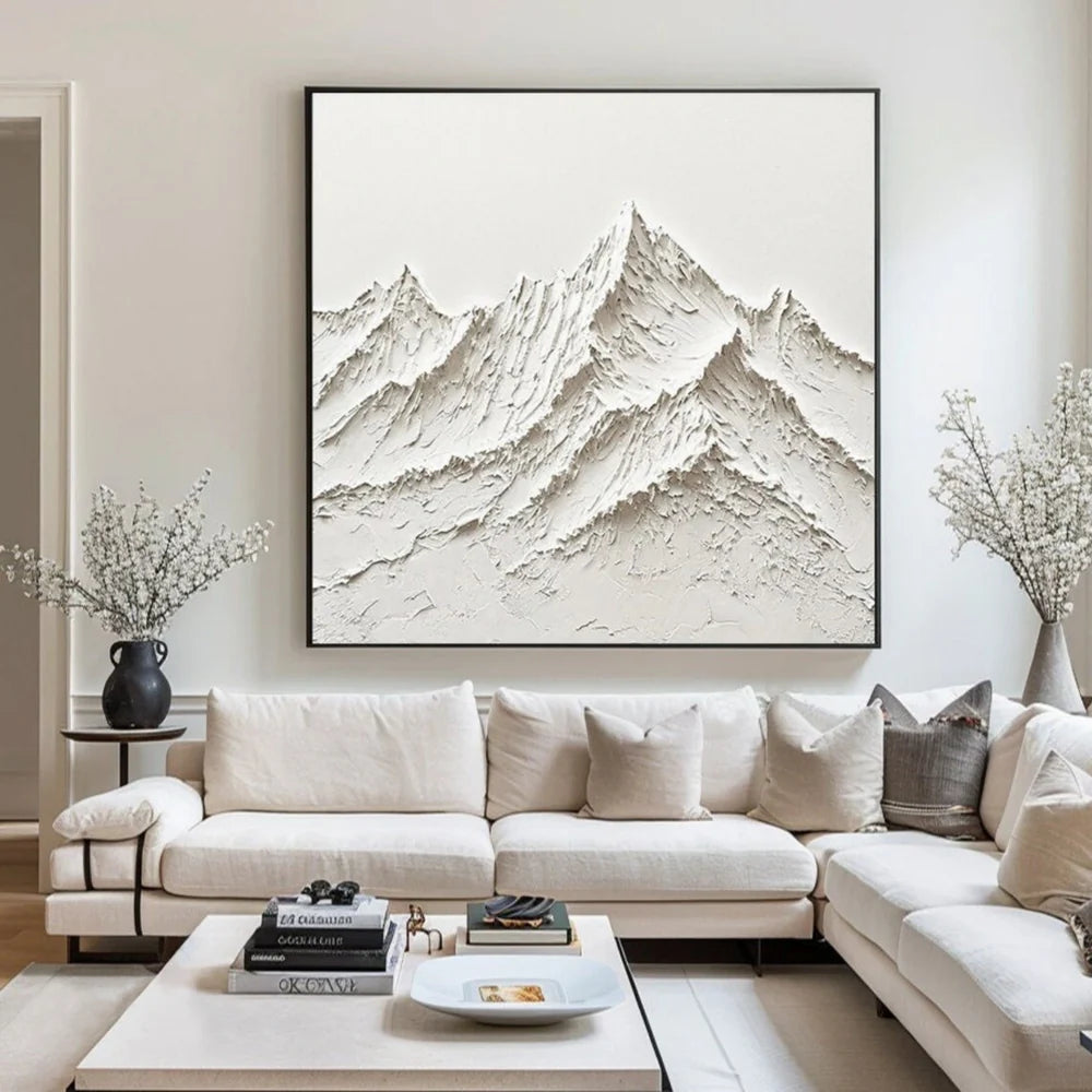 White Minimalist Mountain Textured Canvas Art #BT013