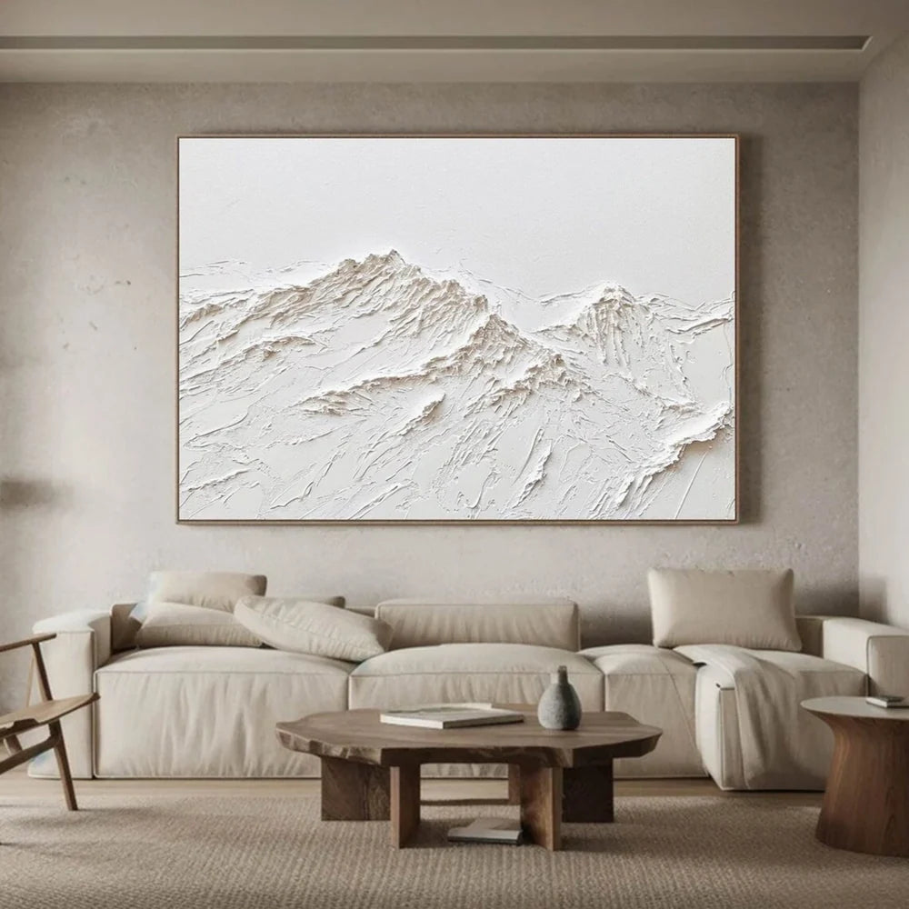 White Minimalist Mountain Textured Canvas Art #BT021