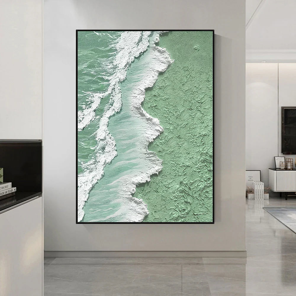 Green & White Minimalist Ocean And Sky Textured Canvas Art #OC033