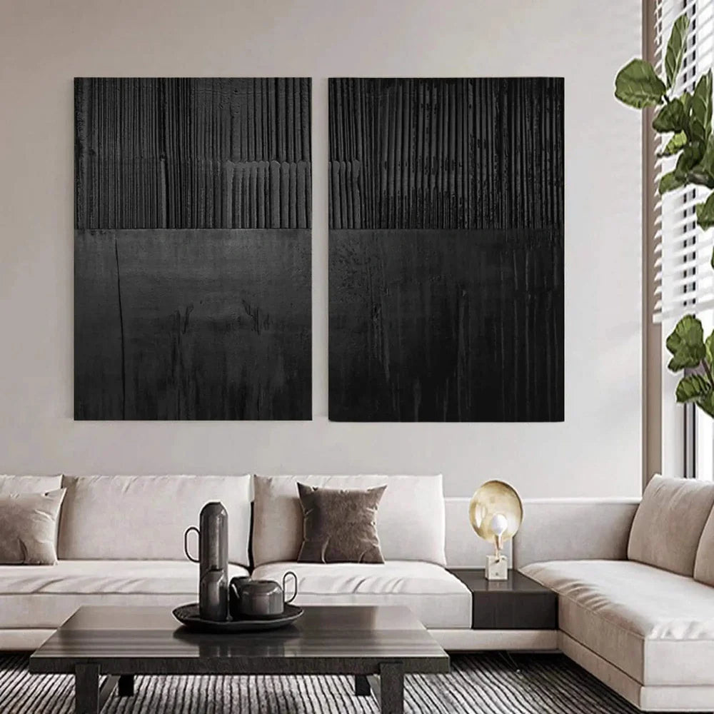 Black Minimalist Textured Canvas Art Set of 2 #WZ038