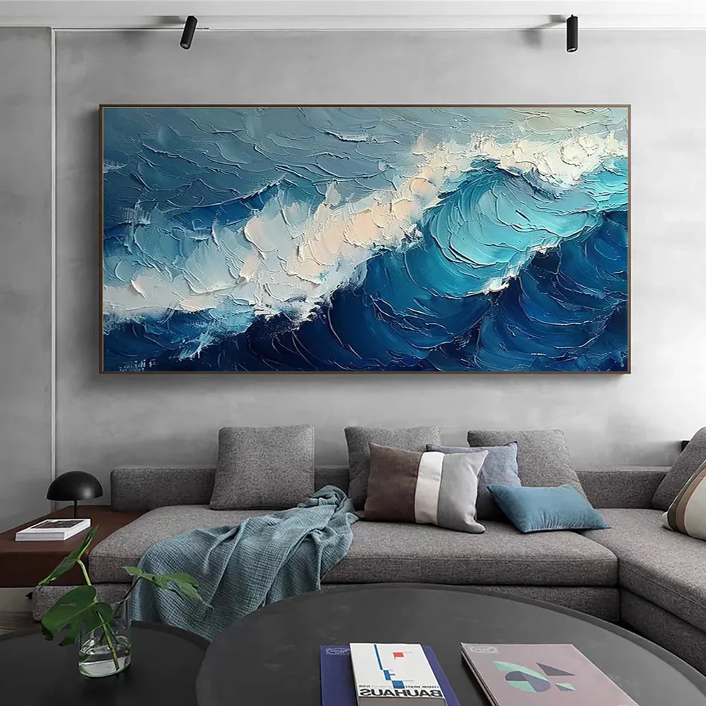 Blue & White Abstract Ocean And Sky Textured Canvas Art #OC072