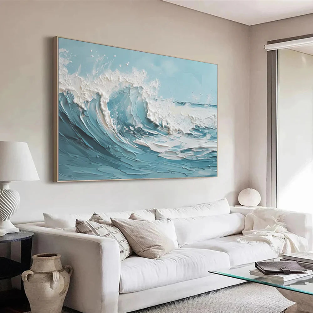 Blue & White Abstract Ocean And Sky Textured Canvas Art #OC071