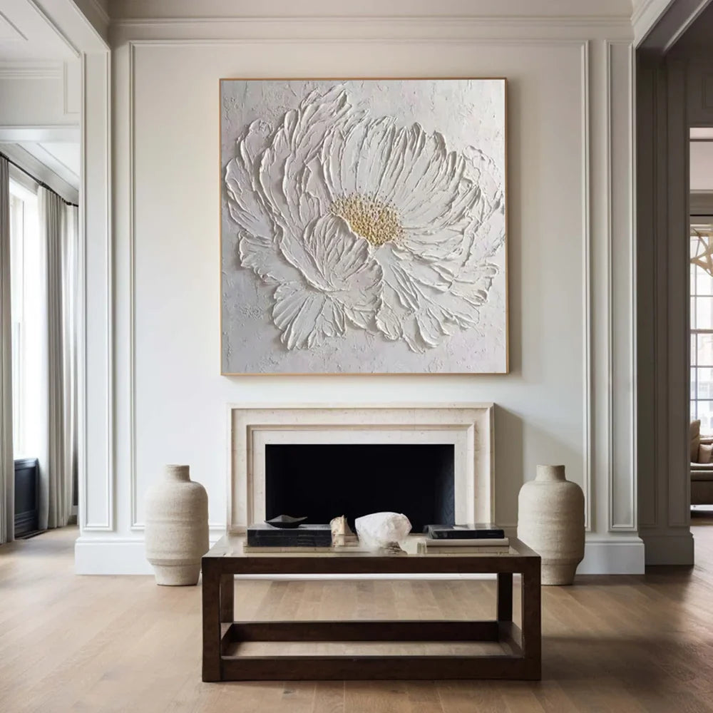 White Minimalist Flower And Tree Textured Canvas Art #MF074