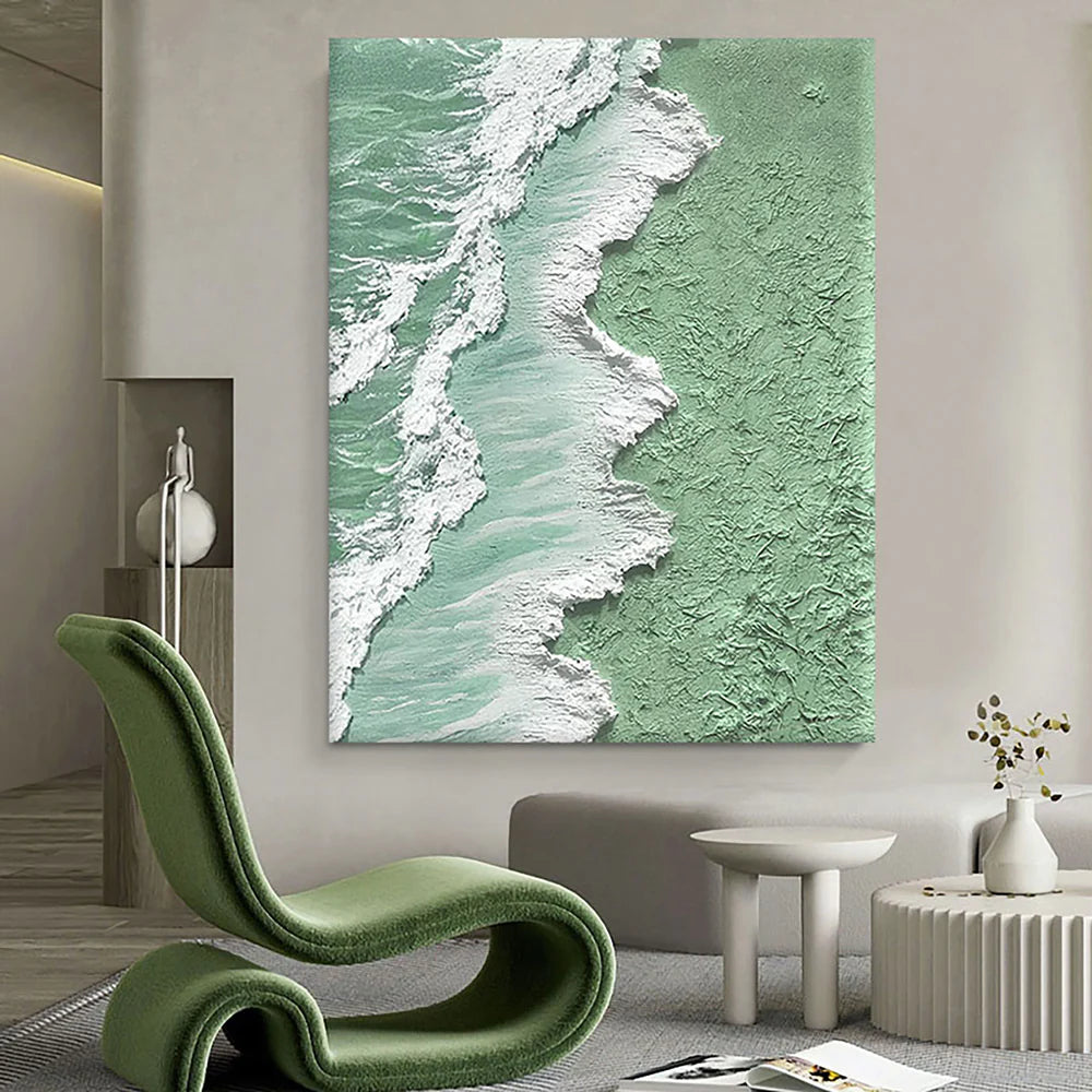 Green & White Minimalist Ocean And Sky Textured Canvas Art #OC033