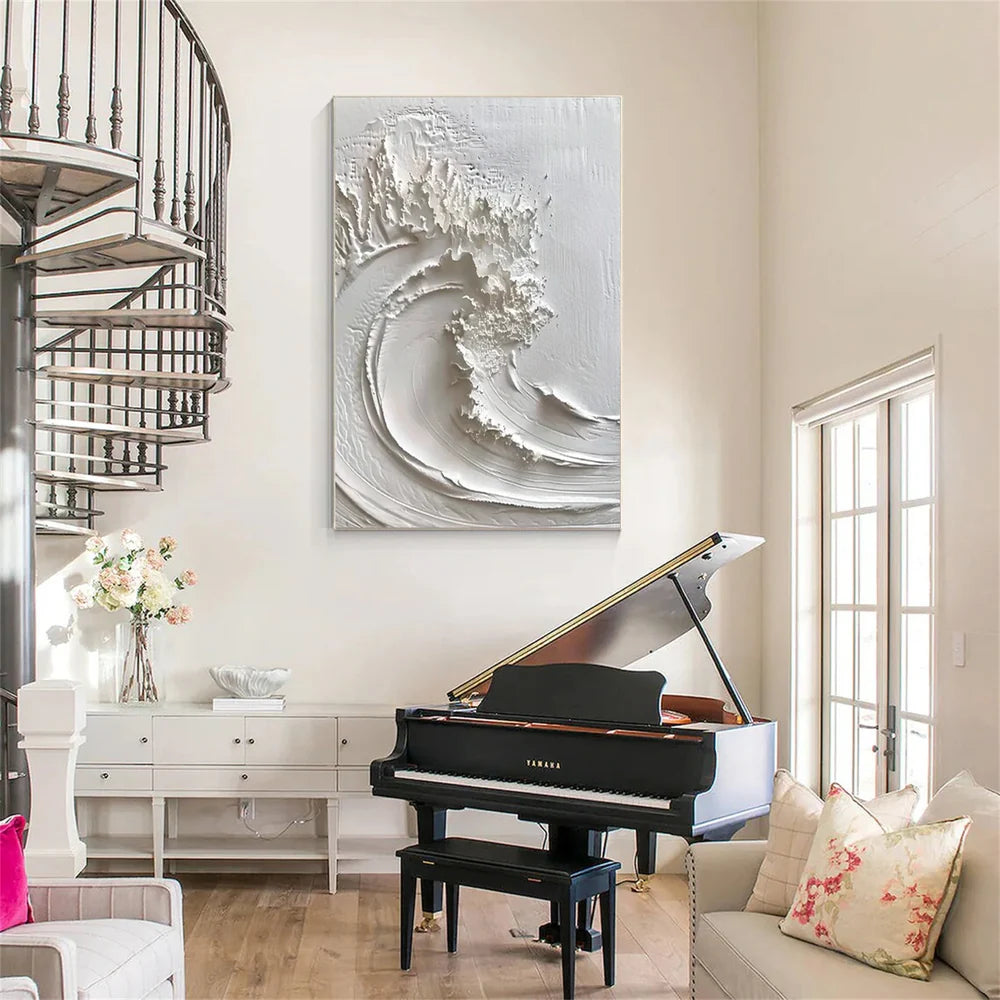 White Minimalist Ocean And Sky Textured Canvas Art #OC028