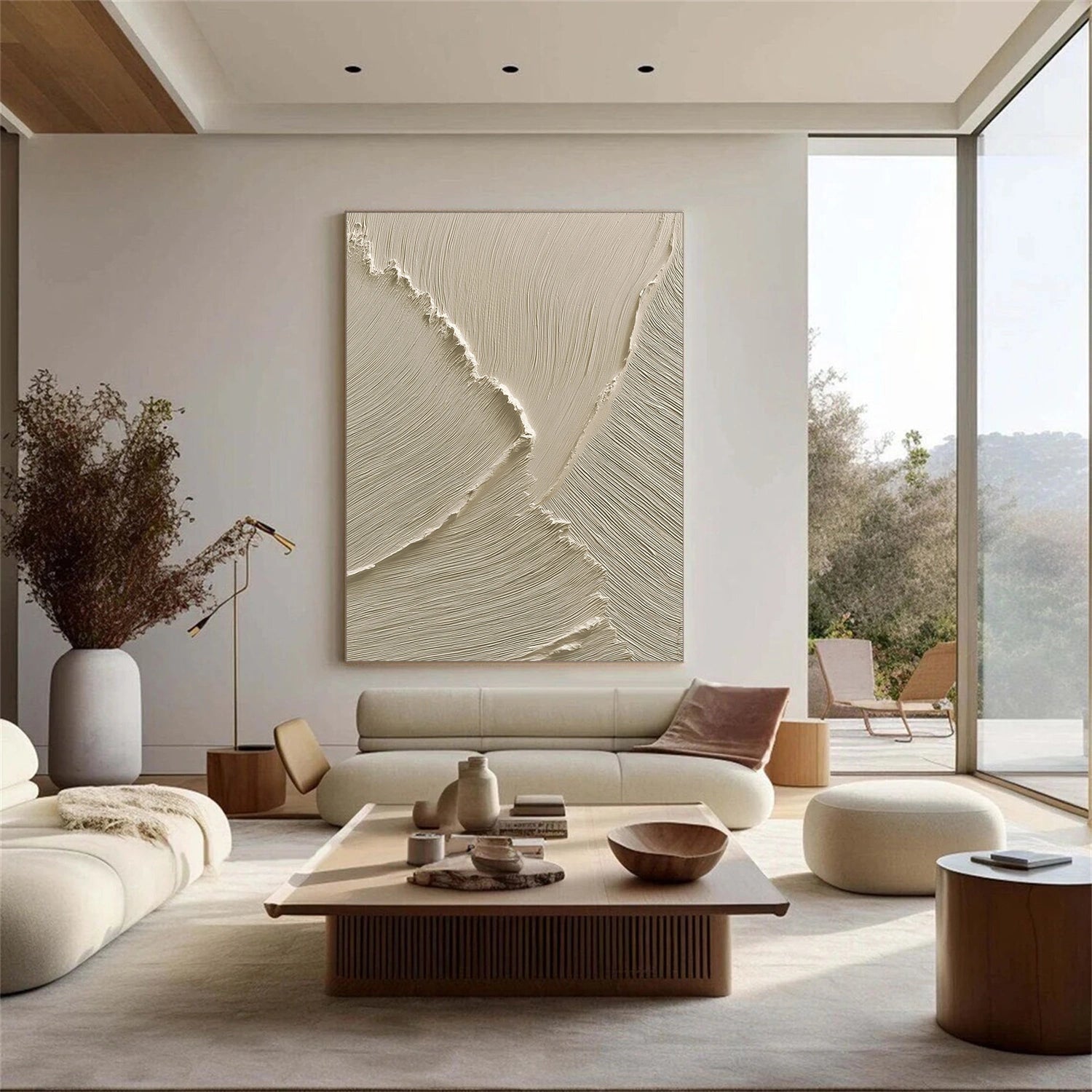 Beige Minimalist Ocean And Sky Textured Canvas Art #OC154