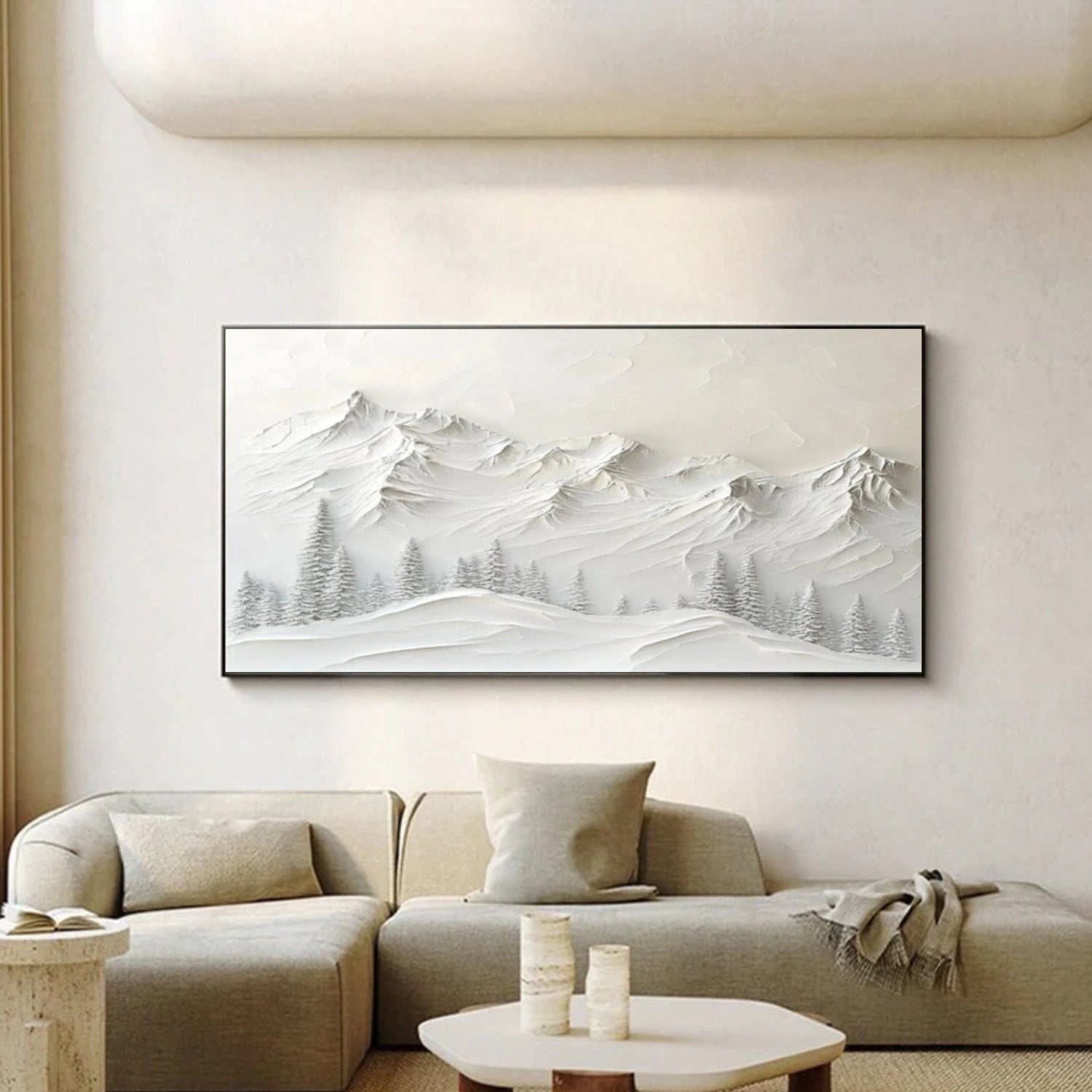 White Minimalist Mountain Textured Canvas Art #BT047