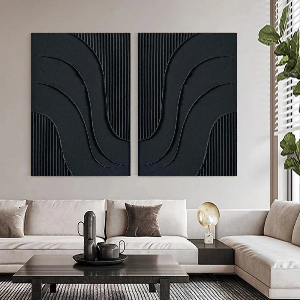 Black Minimalist Textured Canvas Art Set of 2 #WZ002