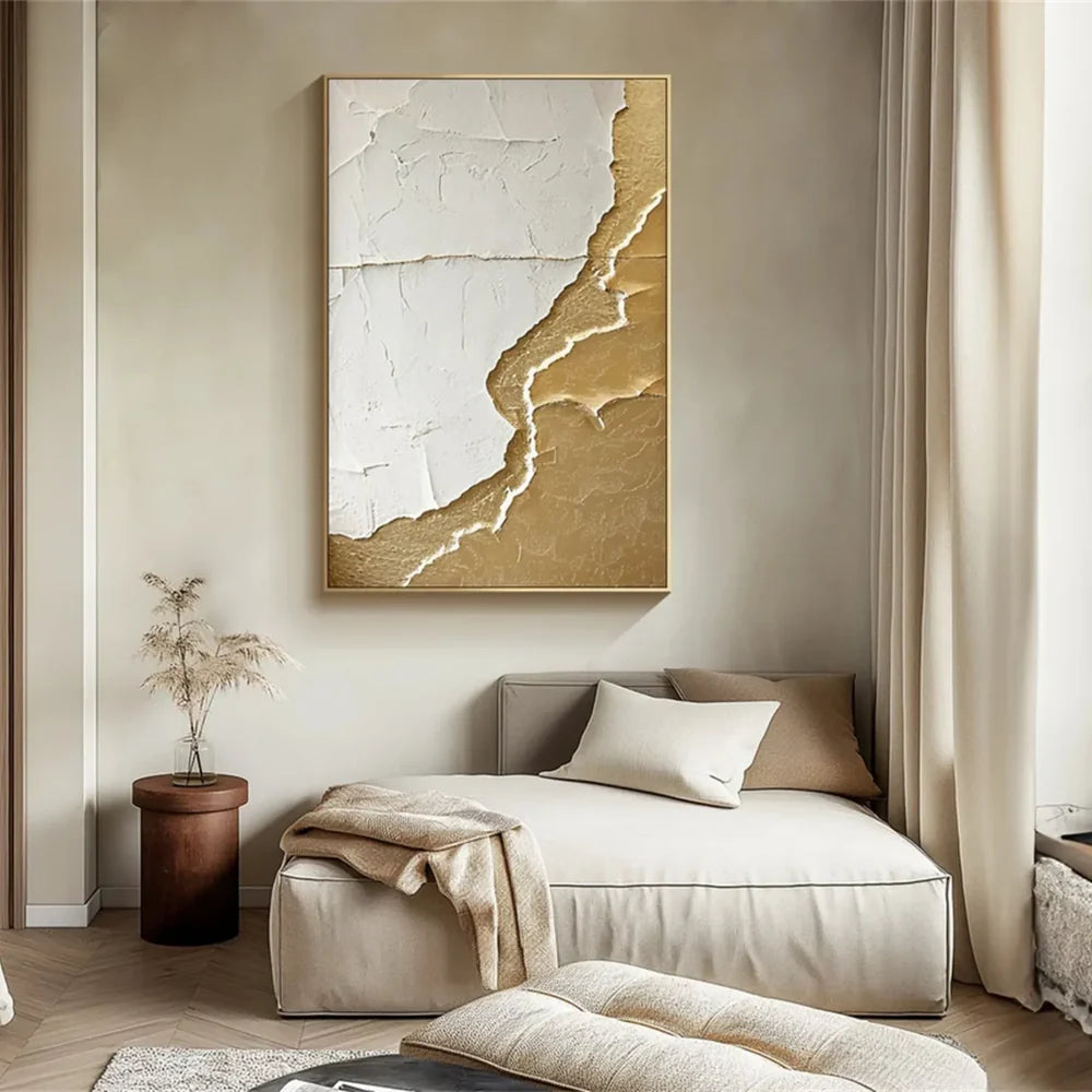 White and Gold Minimalist Textured Wall Art #WM052