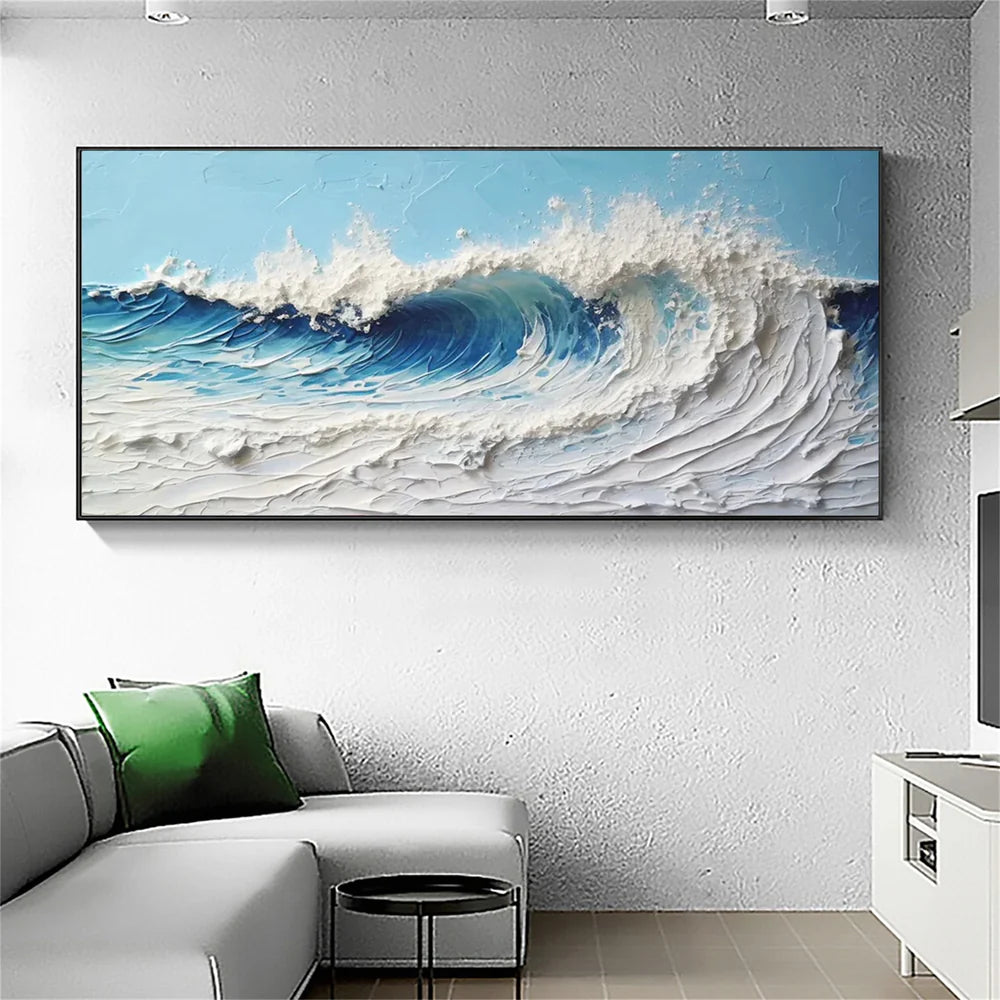 Blue & White Abstract Ocean And Sky Textured Canvas Art #OC061