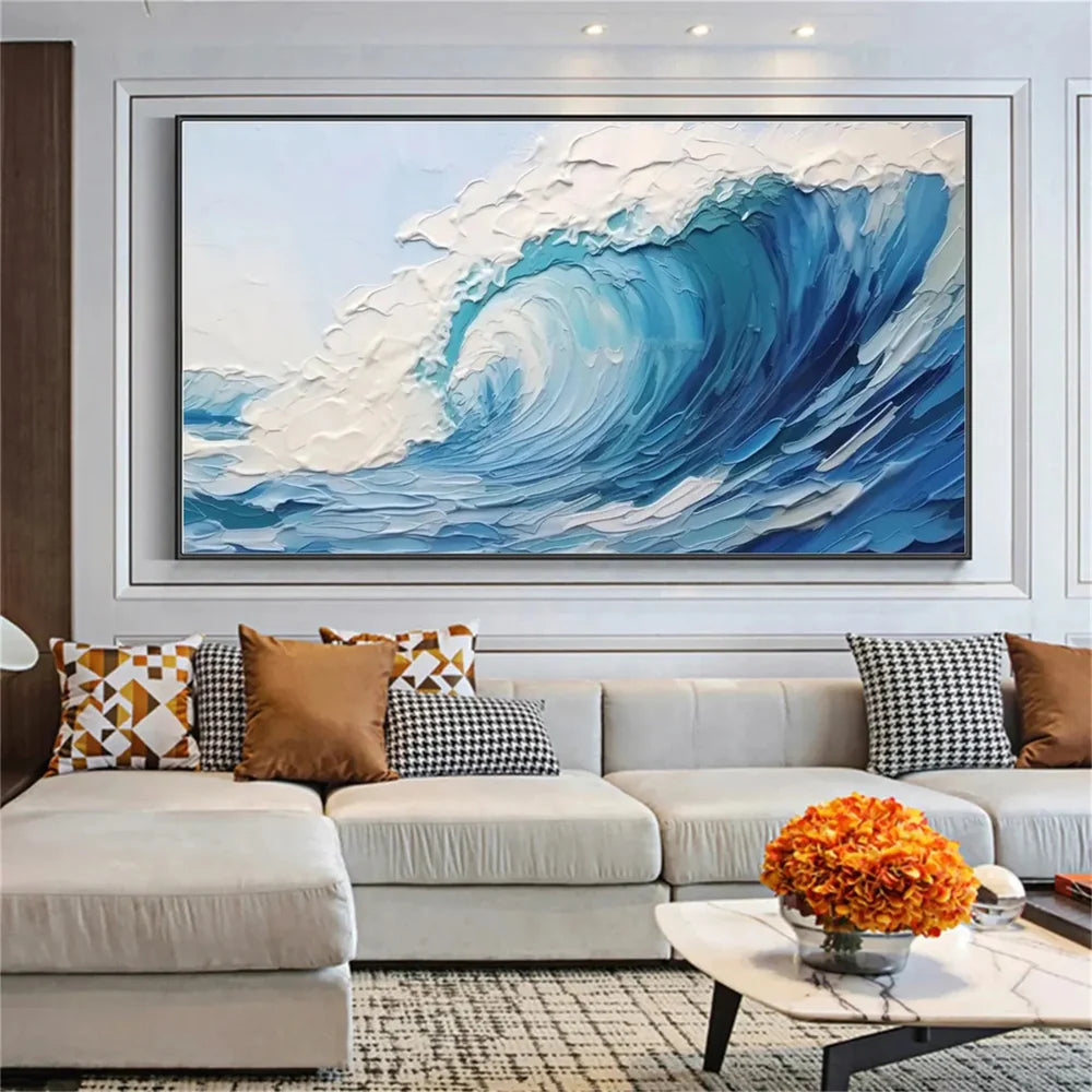 Blue & White Minimalist Ocean And Sky Textured Canvas Art # OC019