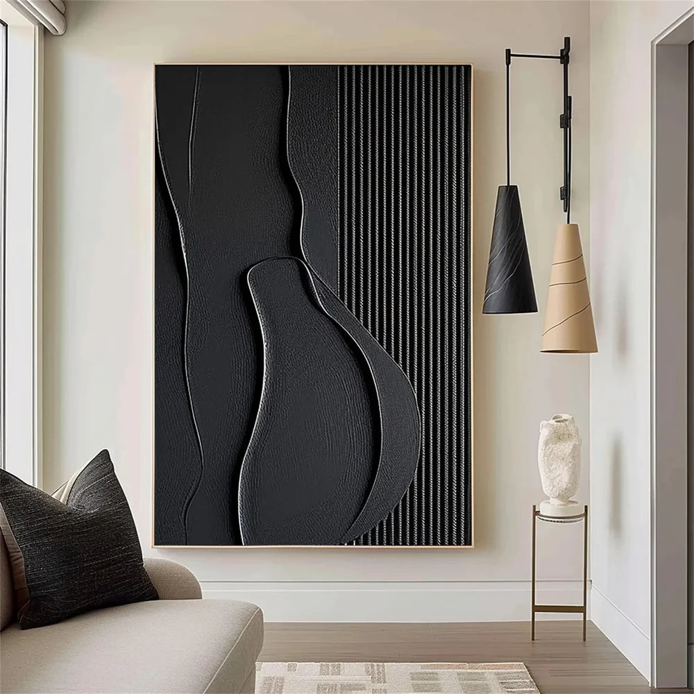Black Minimalist Textured Canvas Art #WZ084