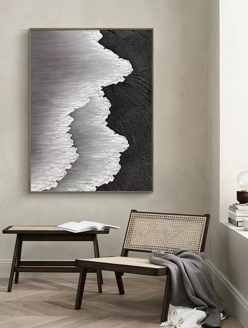 Black & White Minimalist Ocean And Sky Textured Canvas Art #OC043