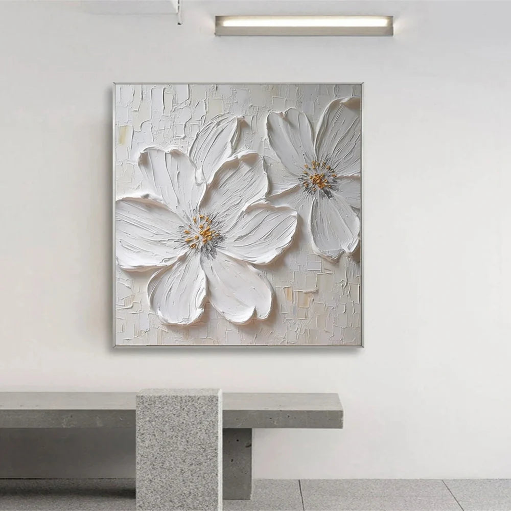 White Minimalist Flower And Tree Textured Canvas Art #MF072